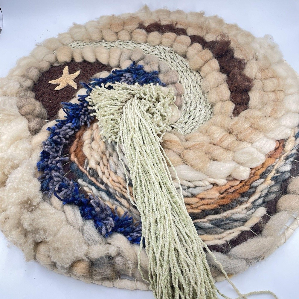 Artist Hand Woven Fiber Wall Decor Wool Tapestry Fringe Coastal Boho 26" Round